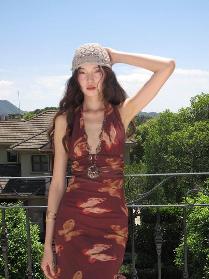 9rotic Wine Red Butterfly Print Halter V-neck Women&
