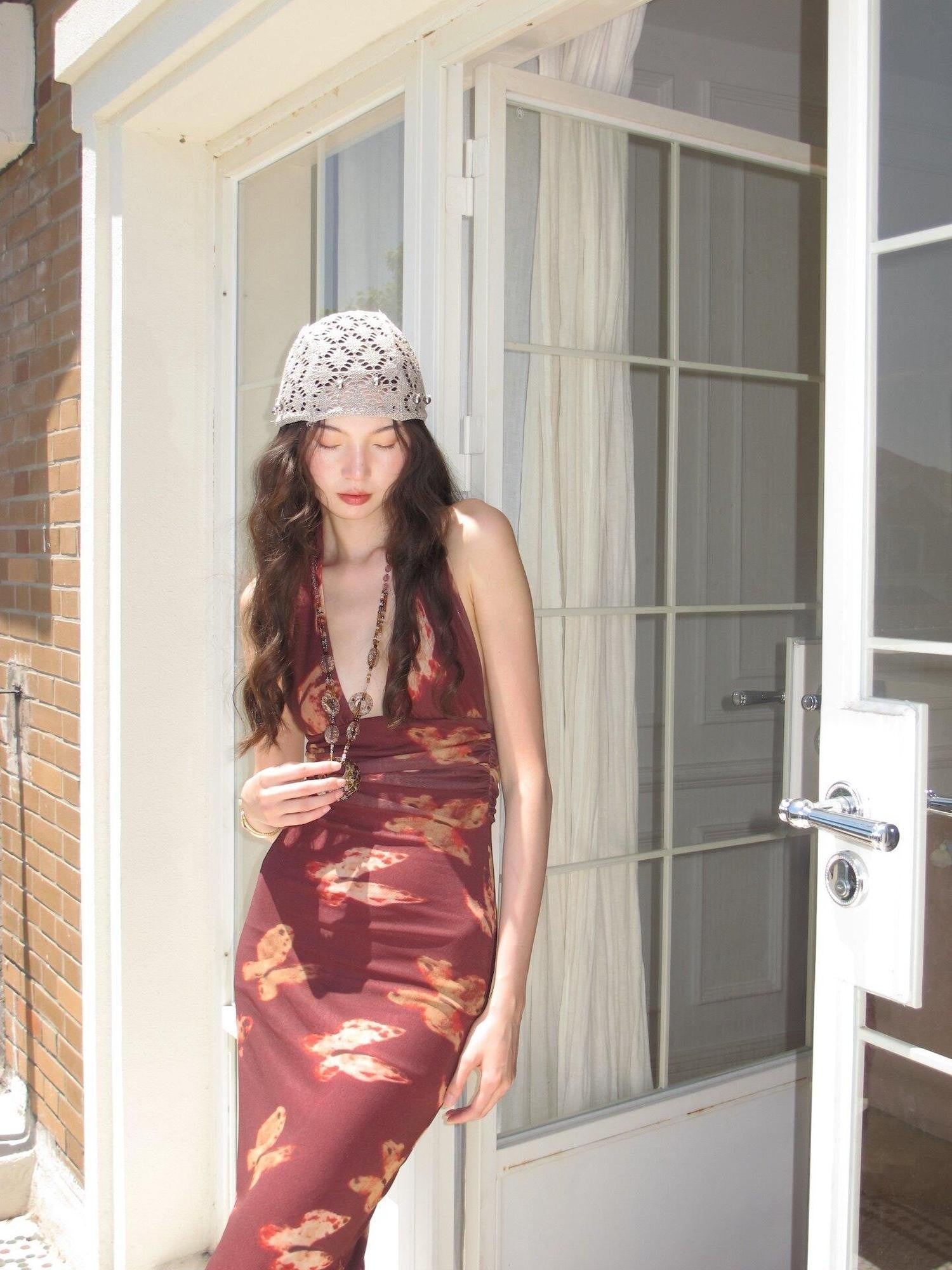 9rotic Wine Red Butterfly Print Halter V-neck Women&