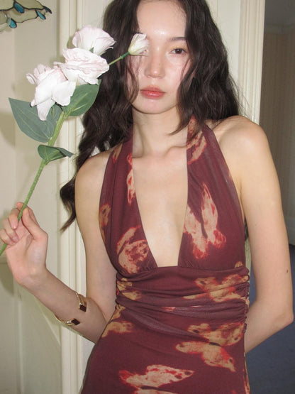 9rotic Wine Red Butterfly Print Halter V-neck Women&