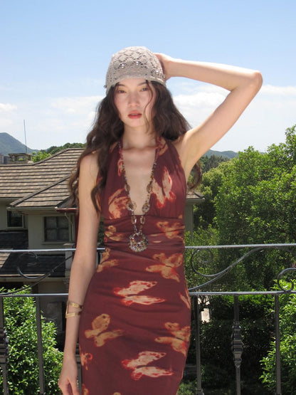 9rotic Wine Red Butterfly Print Halter V-neck Women&