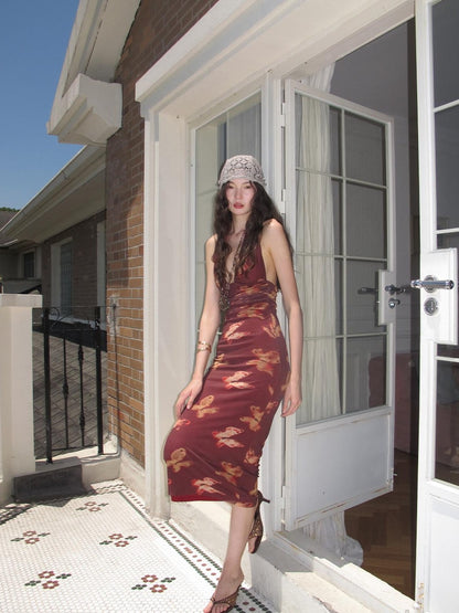 9rotic Wine Red Butterfly Print Halter V-neck Women&