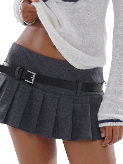SweetChilling A-Line Pleated Skirt With Belt Low Waist Preppy Style Skirts