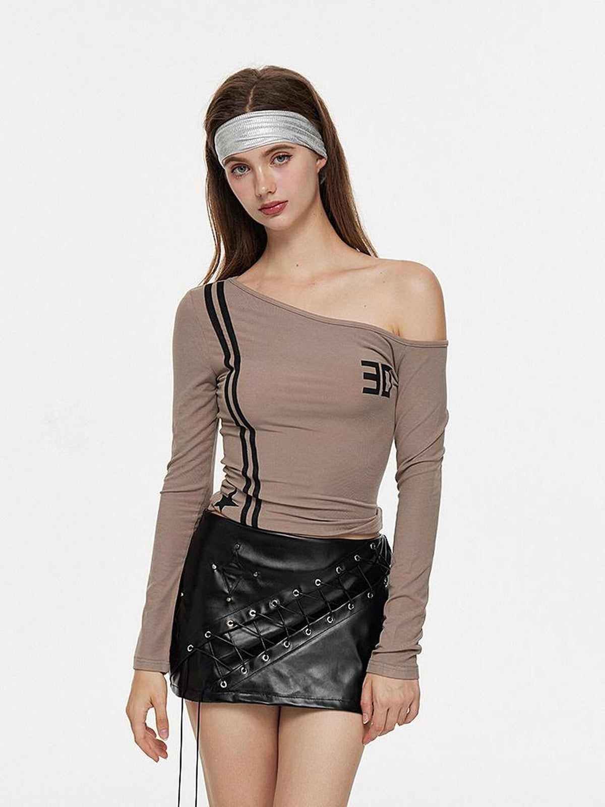 AE30 Saint Asymmetric One Shoulder Print Slant Neck Women&