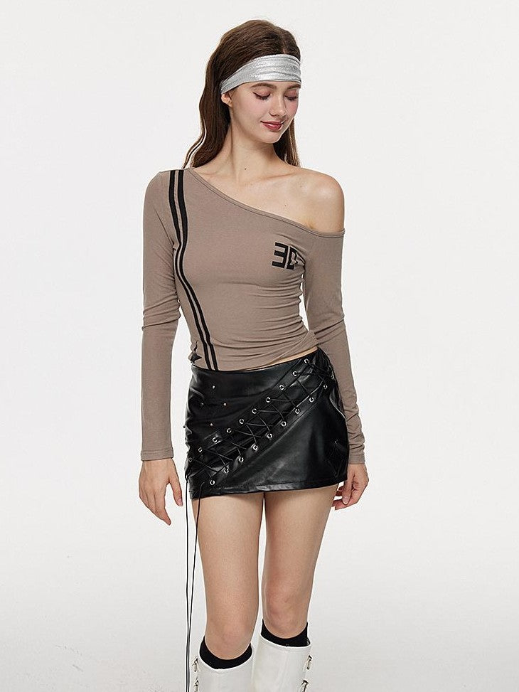 AE30 Saint Asymmetric One Shoulder Print Slant Neck Women&