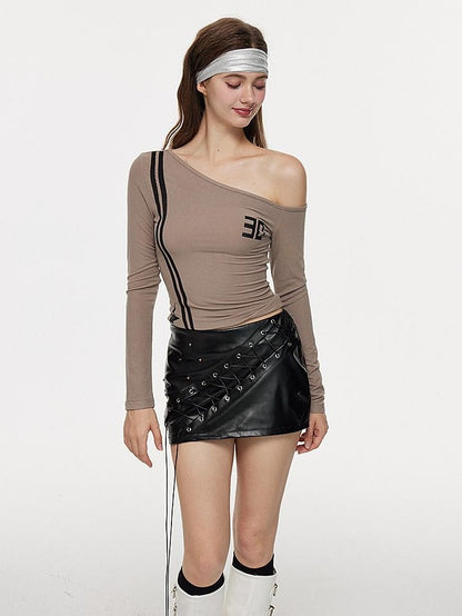 AE30 Saint Asymmetric One Shoulder Print Slant Neck Women&