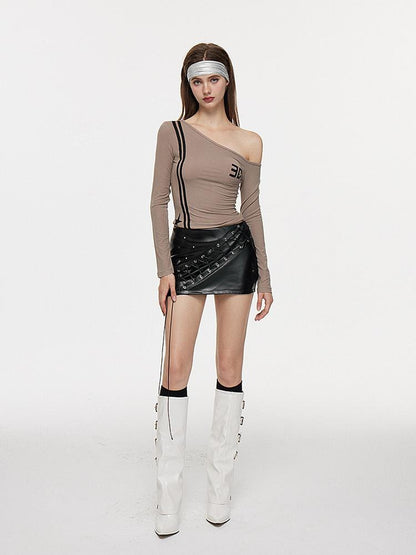 AE30 Saint Asymmetric One Shoulder Print Slant Neck Women&