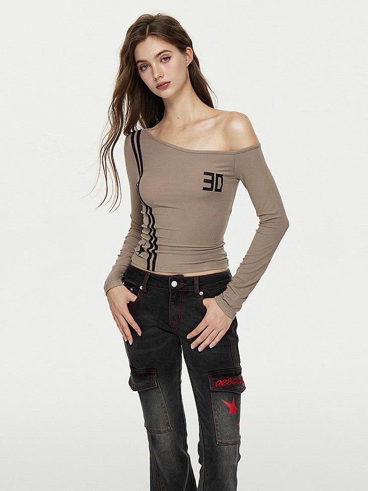 AE30 Saint Asymmetric One Shoulder Print Slant Neck Women&