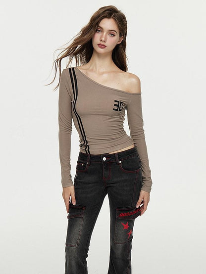 AE30 Saint Asymmetric One Shoulder Print Slant Neck Women&