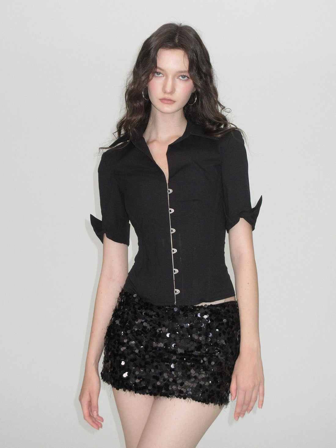 AE30 Saint Black Metal Button Slim Fit Half Sleeve Corset Lace Up Women&
