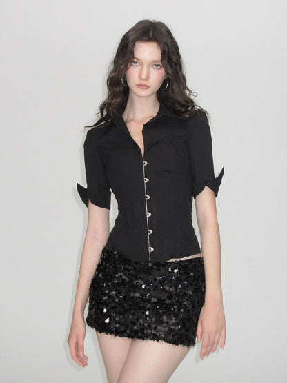 AE30 Saint Black Metal Button Slim Fit Half Sleeve Corset Lace Up Women&