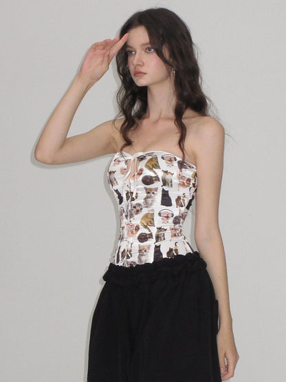 AE30 Saint Cat Print Corset Front Clasp Padded Women&