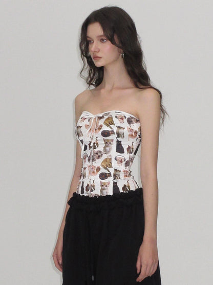 AE30 Saint Cat Print Corset Front Clasp Padded Women&