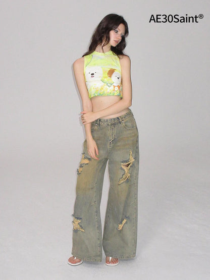 AE30 Saint Cute Puppy Print Contrast Bow Cropped Women&