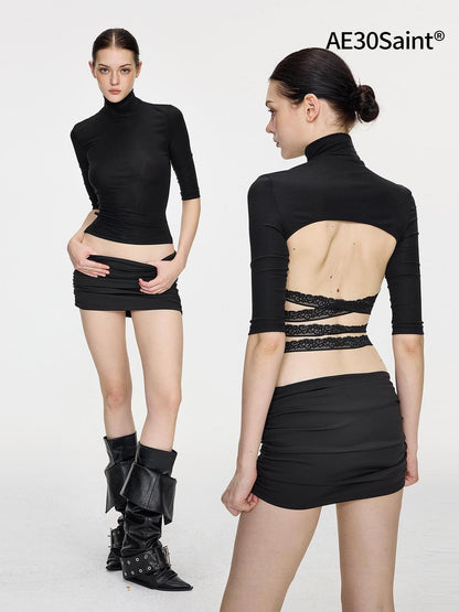 AE30 Saint Elegant Lace Back Cutout High Neck Slim Fit Lyocell Women&
