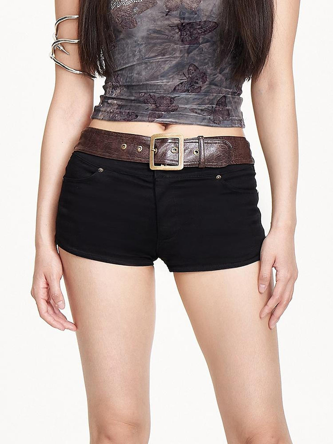 AE30 Saint Embroidered Belt Trim Slim Fit Stretch Black Women&