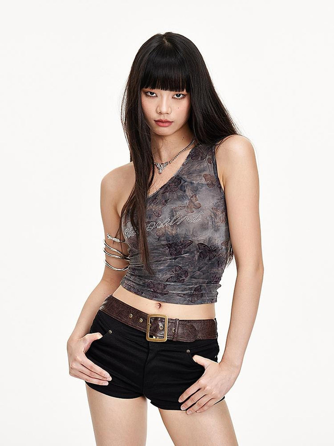 AE30 Saint Embroidered Belt Trim Slim Fit Stretch Black Women&