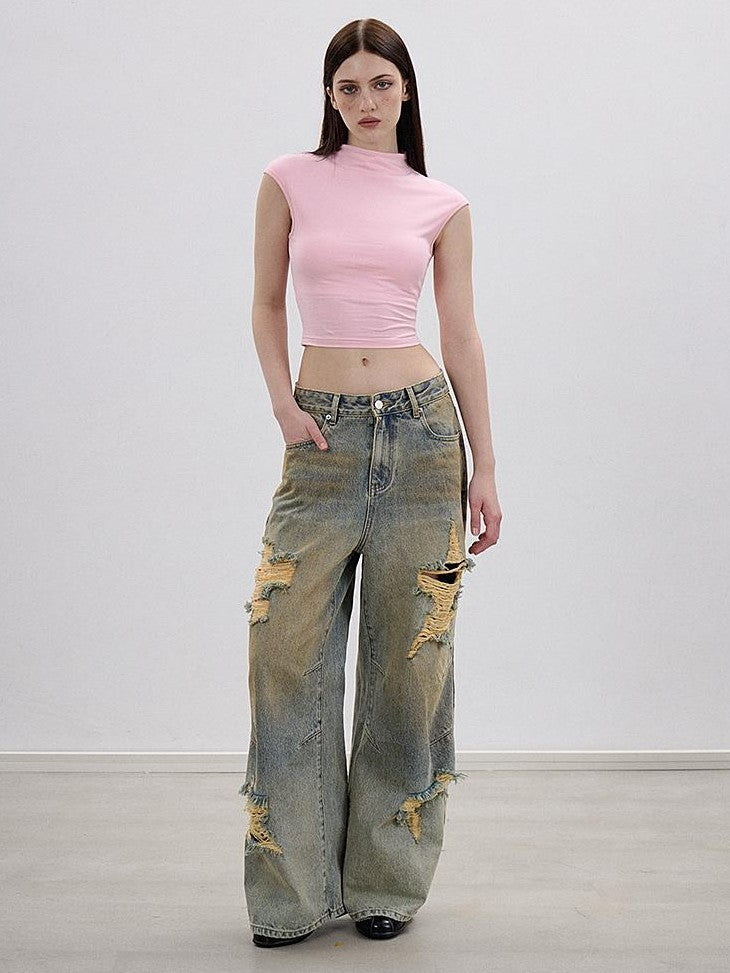 AE30 Saint Embroidered Star Washed Distressed Straight Leg Women&