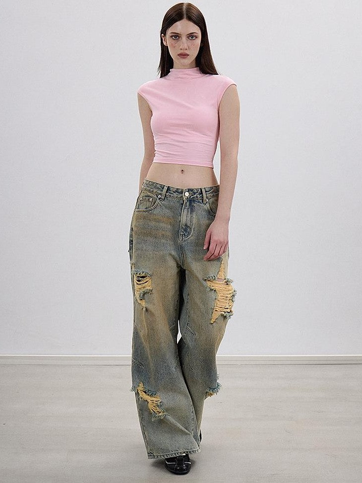 AE30 Saint Embroidered Star Washed Distressed Straight Leg Women&