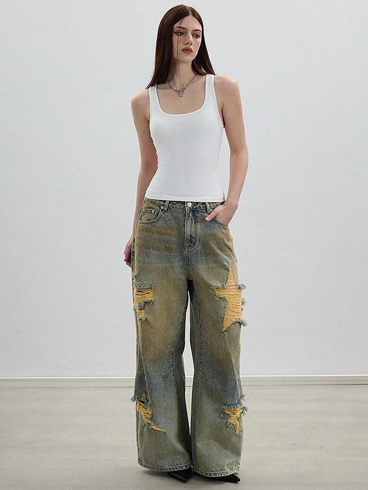AE30 Saint Embroidered Star Washed Distressed Straight Leg Women&