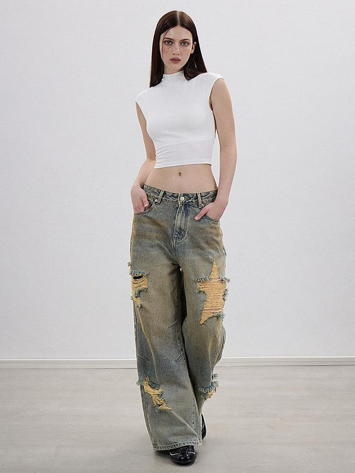 AE30 Saint Embroidered Star Washed Distressed Straight Leg Women&