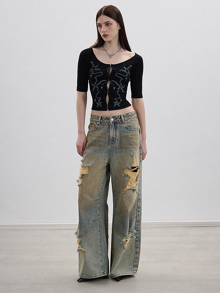 AE30 Saint Embroidered Star Washed Distressed Straight Leg Women&