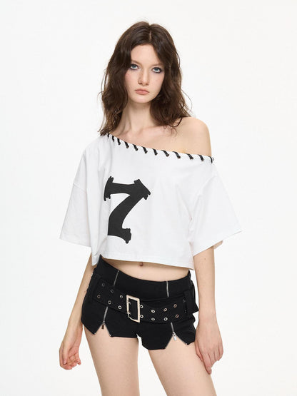 AE30 Saint Graphic Print Asymmetric Neck Loose Fit Cotton Blend Women&
