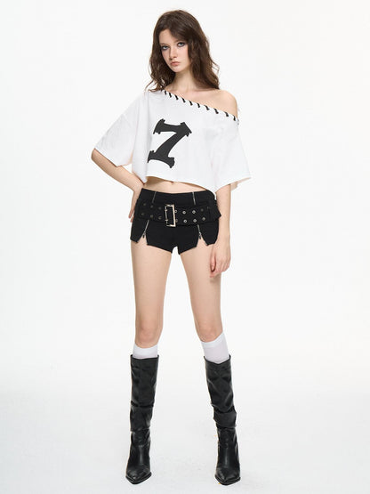 AE30 Saint Graphic Print Asymmetric Neck Loose Fit Cotton Blend Women&