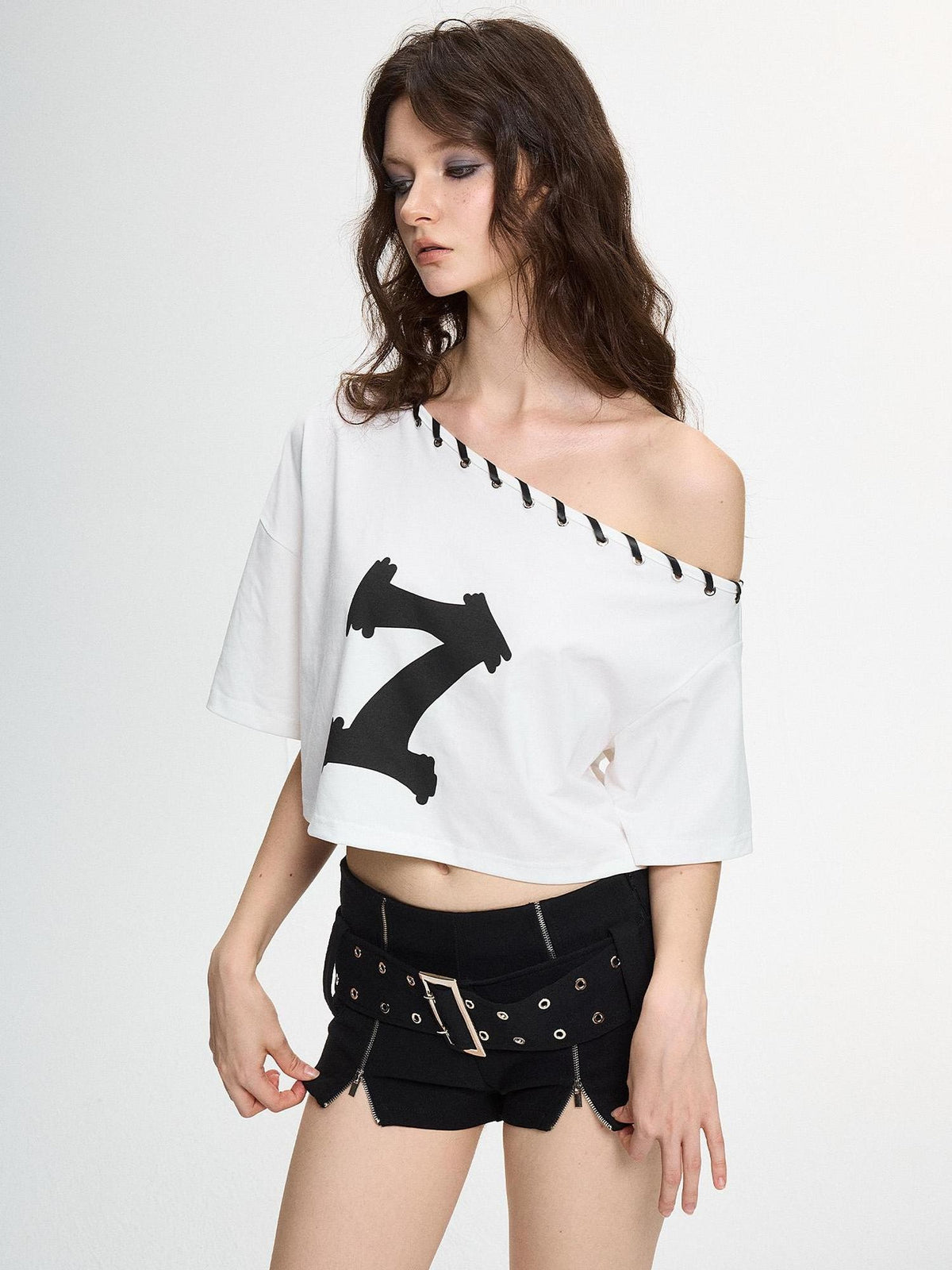 AE30 Saint Graphic Print Asymmetric Neck Loose Fit Cotton Blend Women&