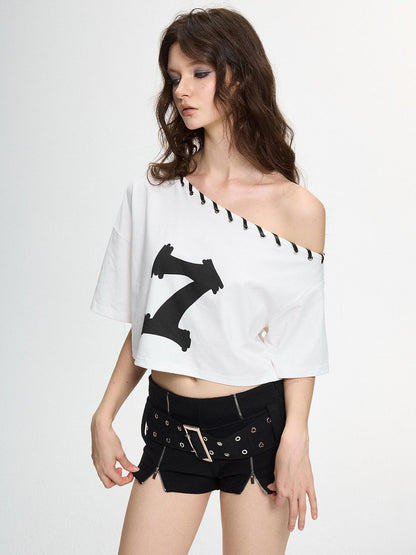 AE30 Saint Graphic Print Asymmetric Neck Loose Fit Cotton Blend Women&