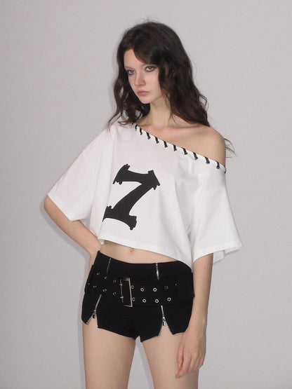 AE30 Saint Graphic Print Asymmetric Neck Loose Fit Cotton Blend Women&
