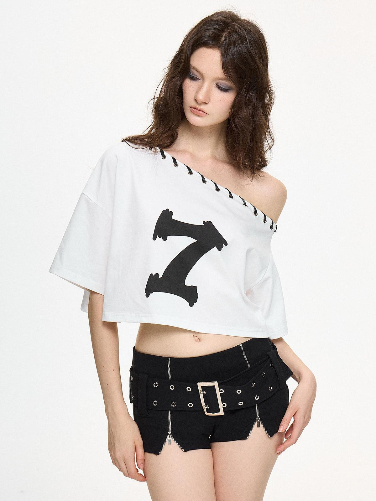 AE30 Saint Graphic Print Asymmetric Neck Loose Fit Cotton Blend Women&