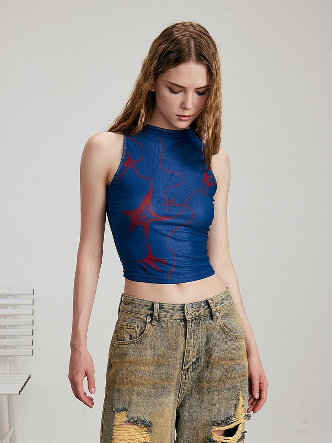 AE30 Saint Hand Painted Star Print Mesh Layered Slim Fit Women&