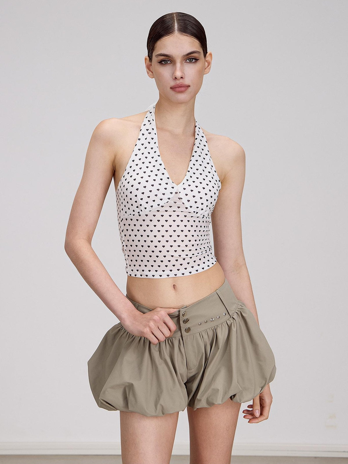 AE30 Saint Heart Print Black White Polka Dot Open Back Women&