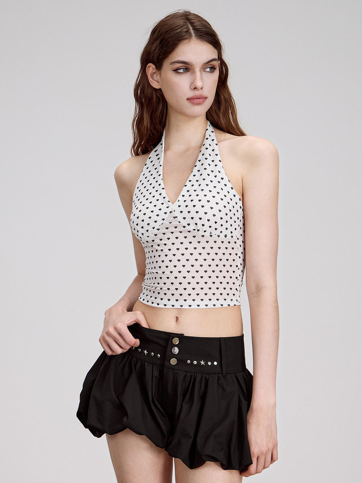AE30 Saint Heart Print Black White Polka Dot Open Back Women&