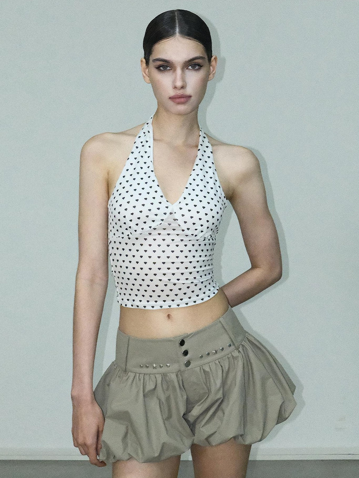 AE30 Saint Heart Print Black White Polka Dot Open Back Women&