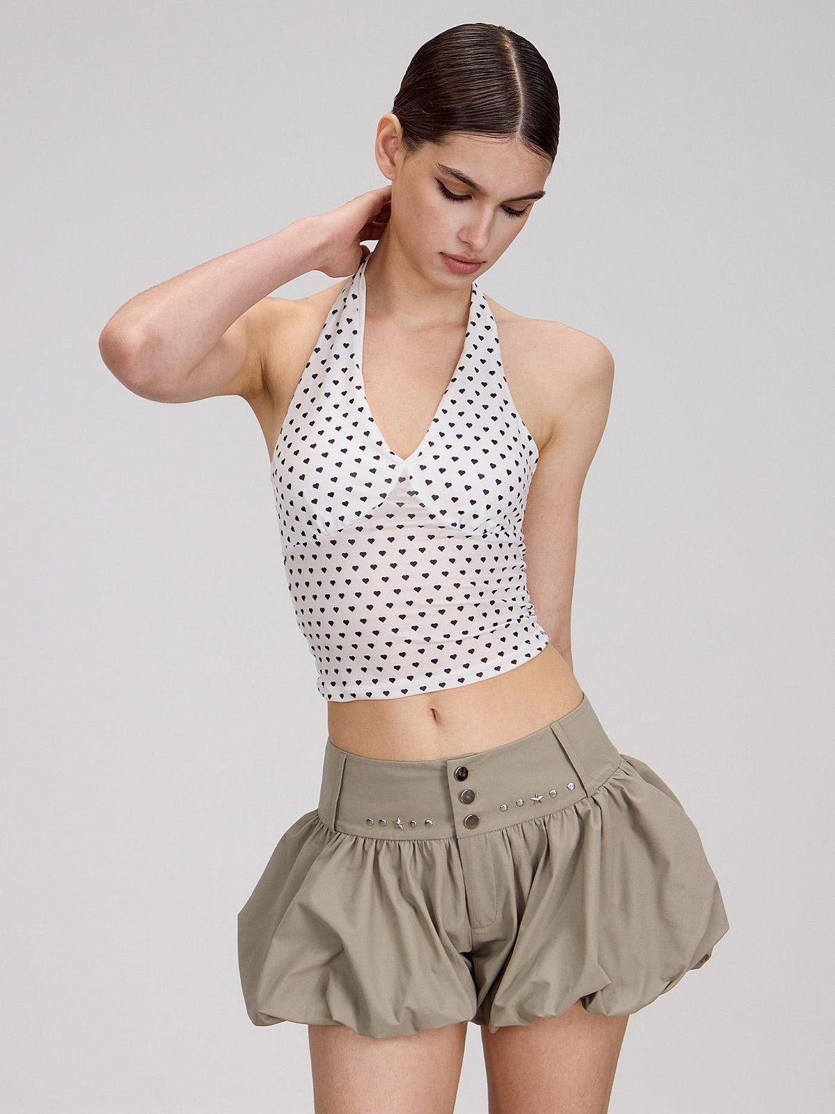 AE30 Saint Heart Print Black White Polka Dot Open Back Women&