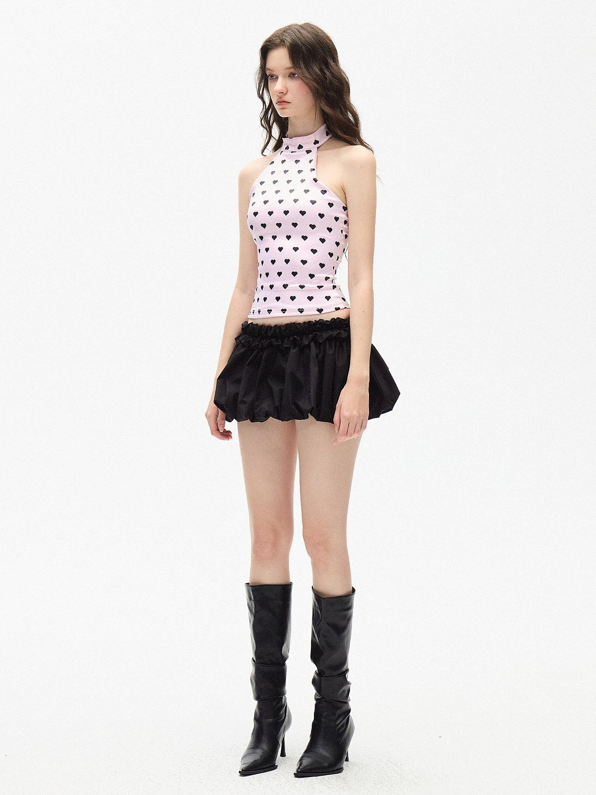 AE30 Saint Heart Print Polka Dot High Neck Satin Slim Fit Women&