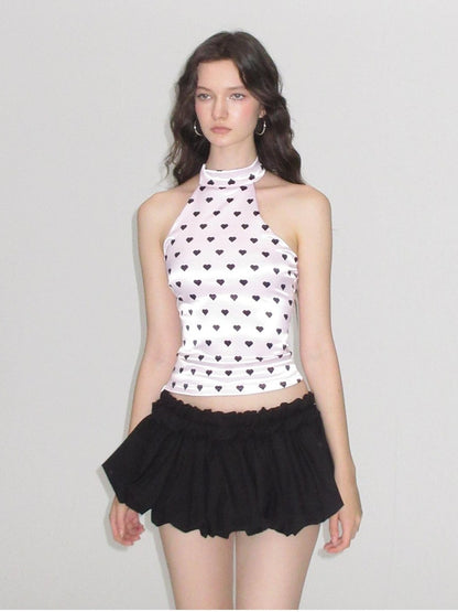 AE30 Saint Heart Print Polka Dot High Neck Satin Slim Fit Women&