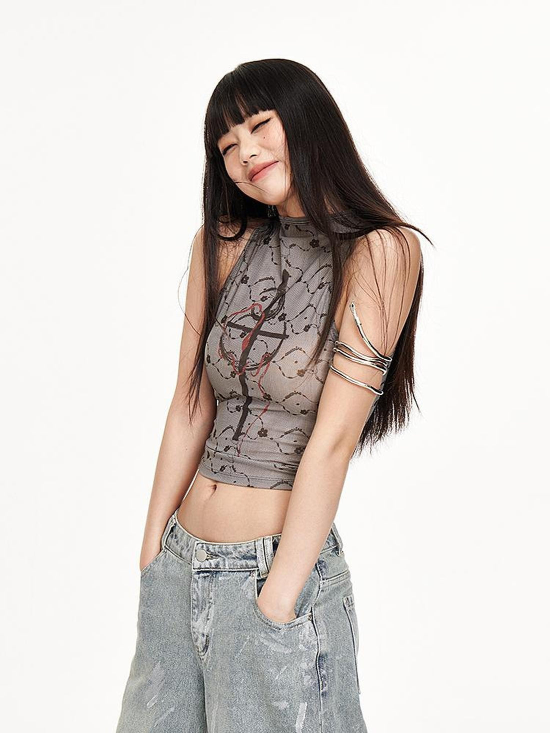 AE30 Saint Lace Print Mesh Half High Neck Slim Fit Women&