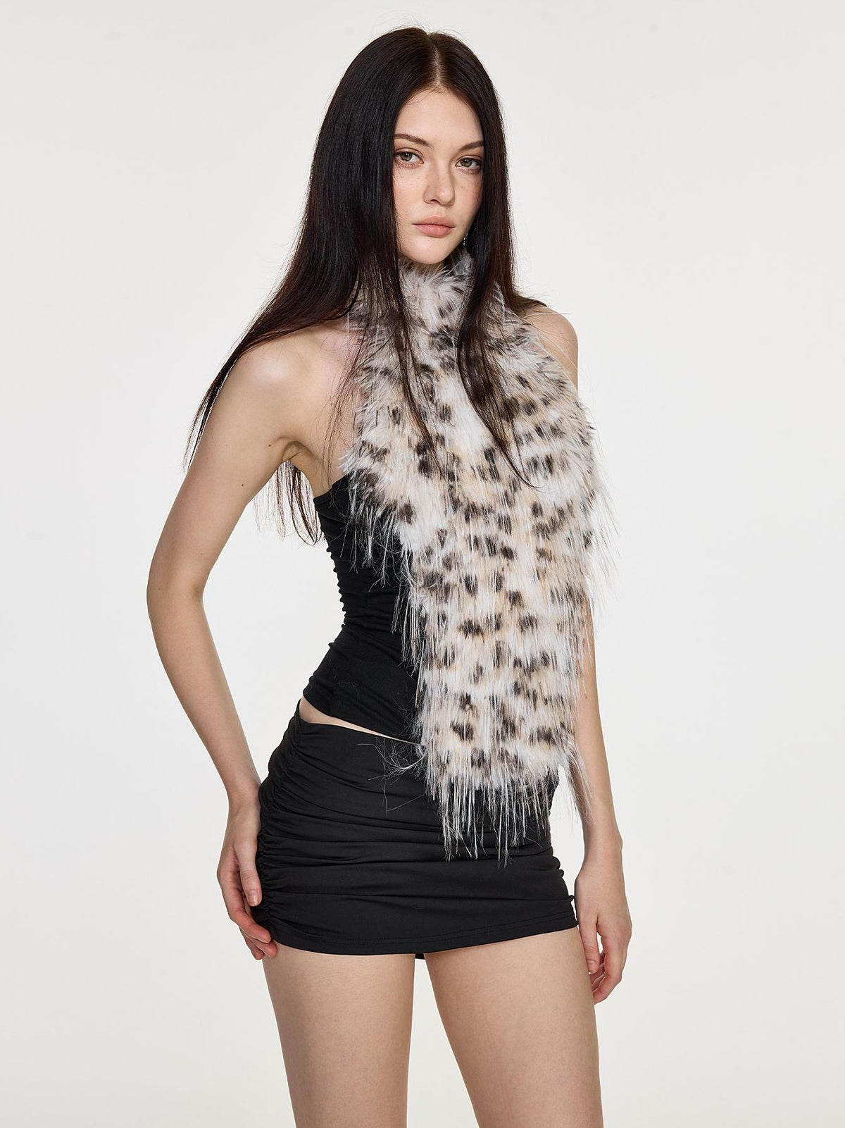 AE30 Saint Leopard Print Fringe Faux Fur Spliced Slim Fit Women&