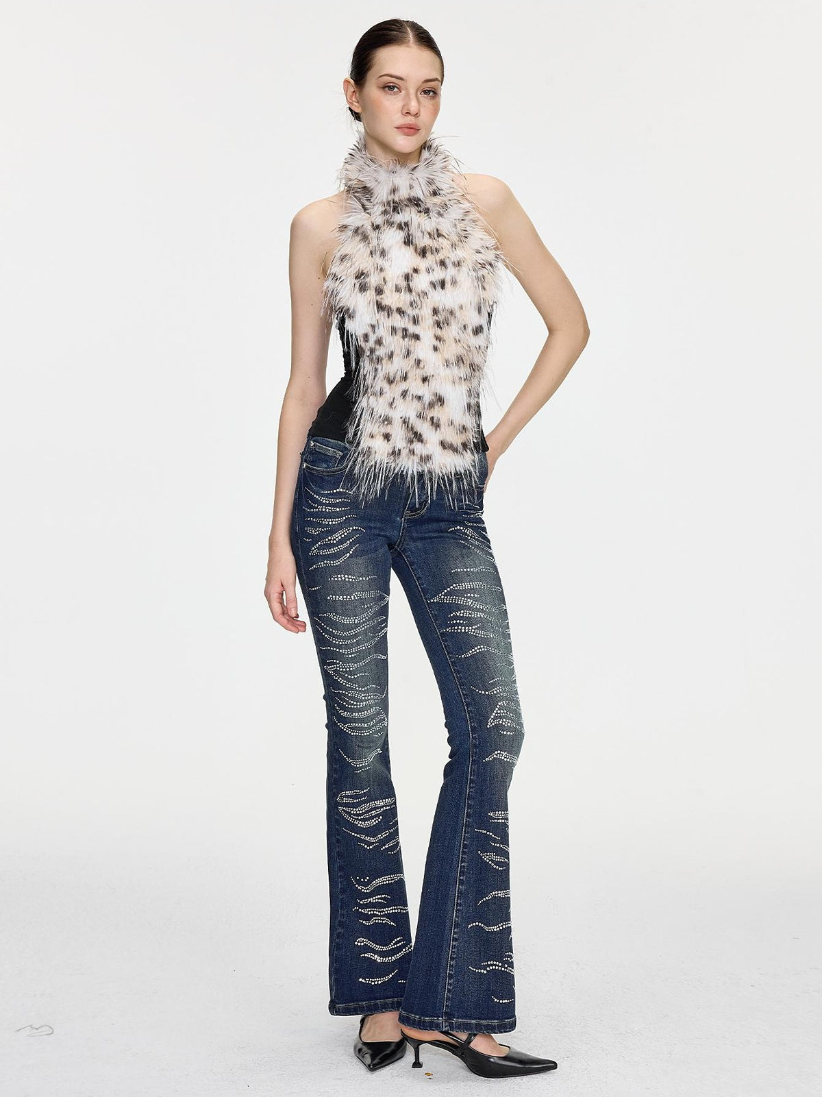 AE30 Saint Leopard Print Fringe Faux Fur Spliced Slim Fit Women&