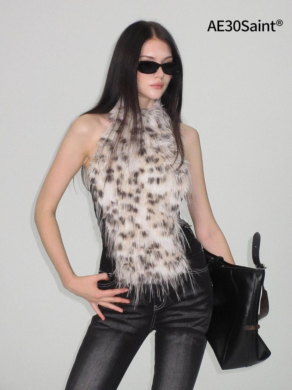 AE30 Saint Leopard Print Fringe Faux Fur Spliced Slim Fit Women&