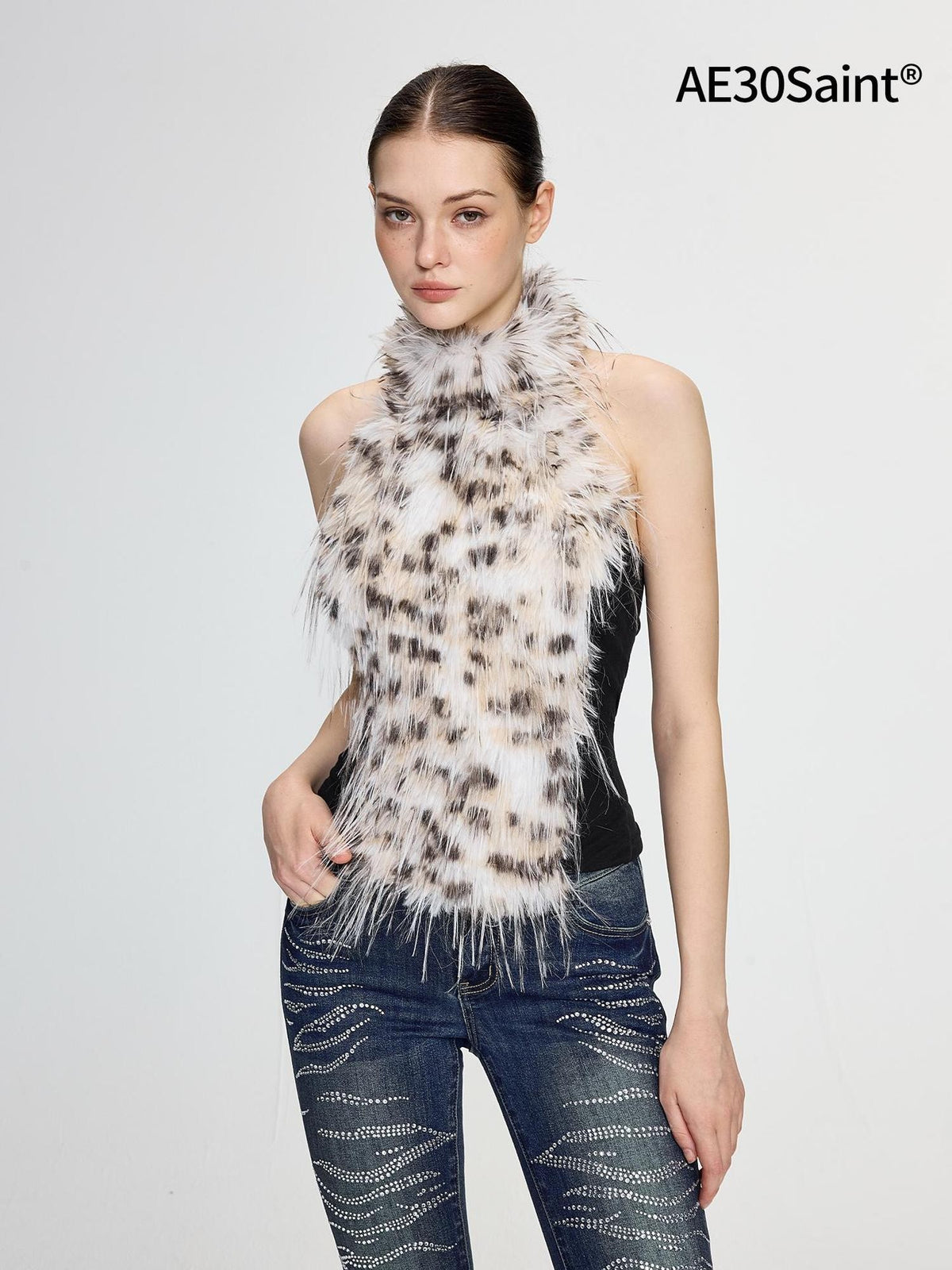 AE30 Saint Leopard Print Fringe Faux Fur Spliced Slim Fit Women&