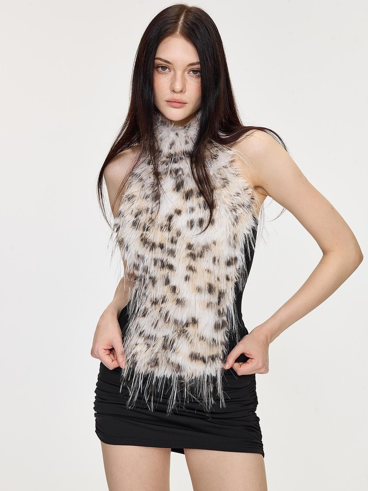 AE30 Saint Leopard Print Fringe Faux Fur Spliced Slim Fit Women&
