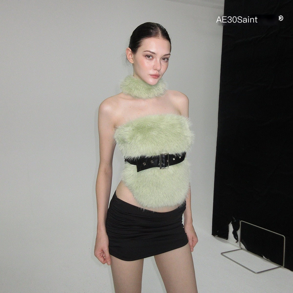 AE30_Saint_Leopard_Print_Green_Fuzzy_Spliced_Belted_Slim_Fit_High_Neck_Women&