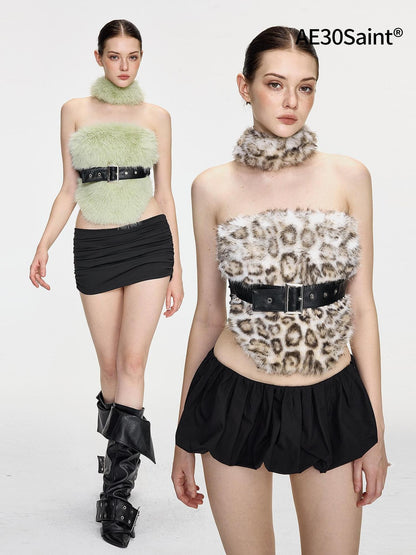 AE30 Saint Leopard Print Green Fuzzy Spliced Belted Slim Fit High Neck Women&