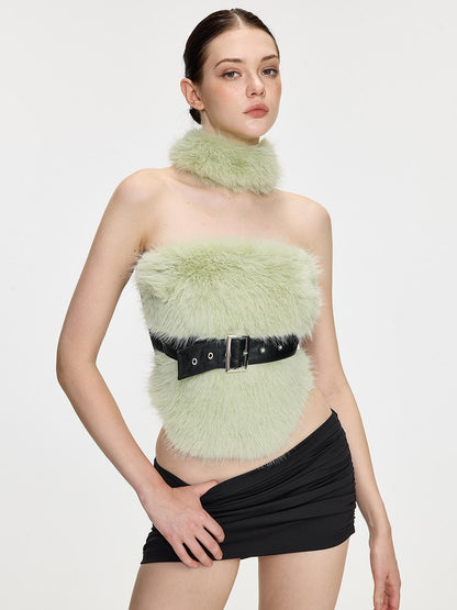 AE30 Saint Leopard Print Green Fuzzy Spliced Belted Slim Fit High Neck Women&