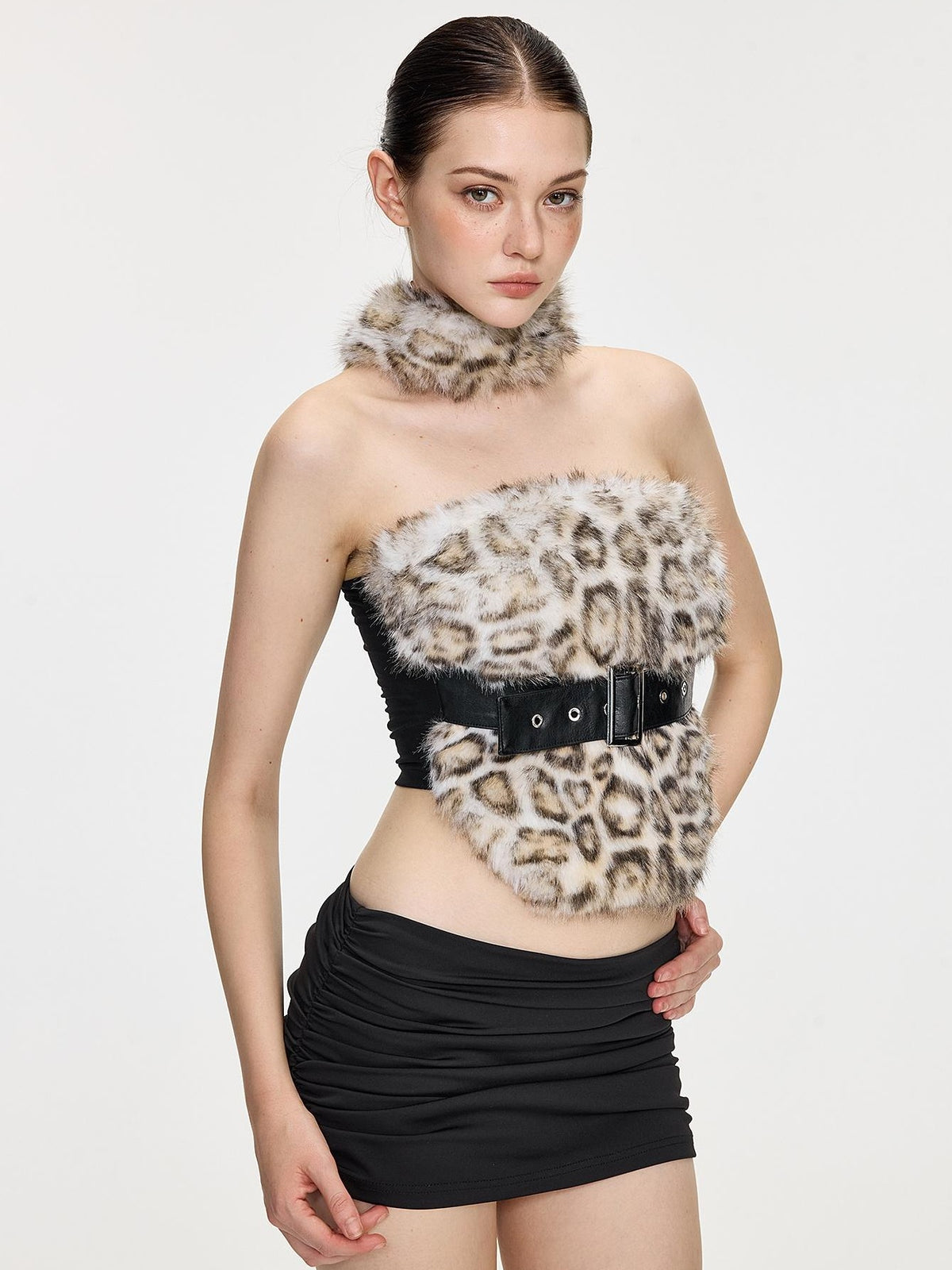 AE30 Saint Leopard Print Green Fuzzy Spliced Belted Slim Fit High Neck Women&