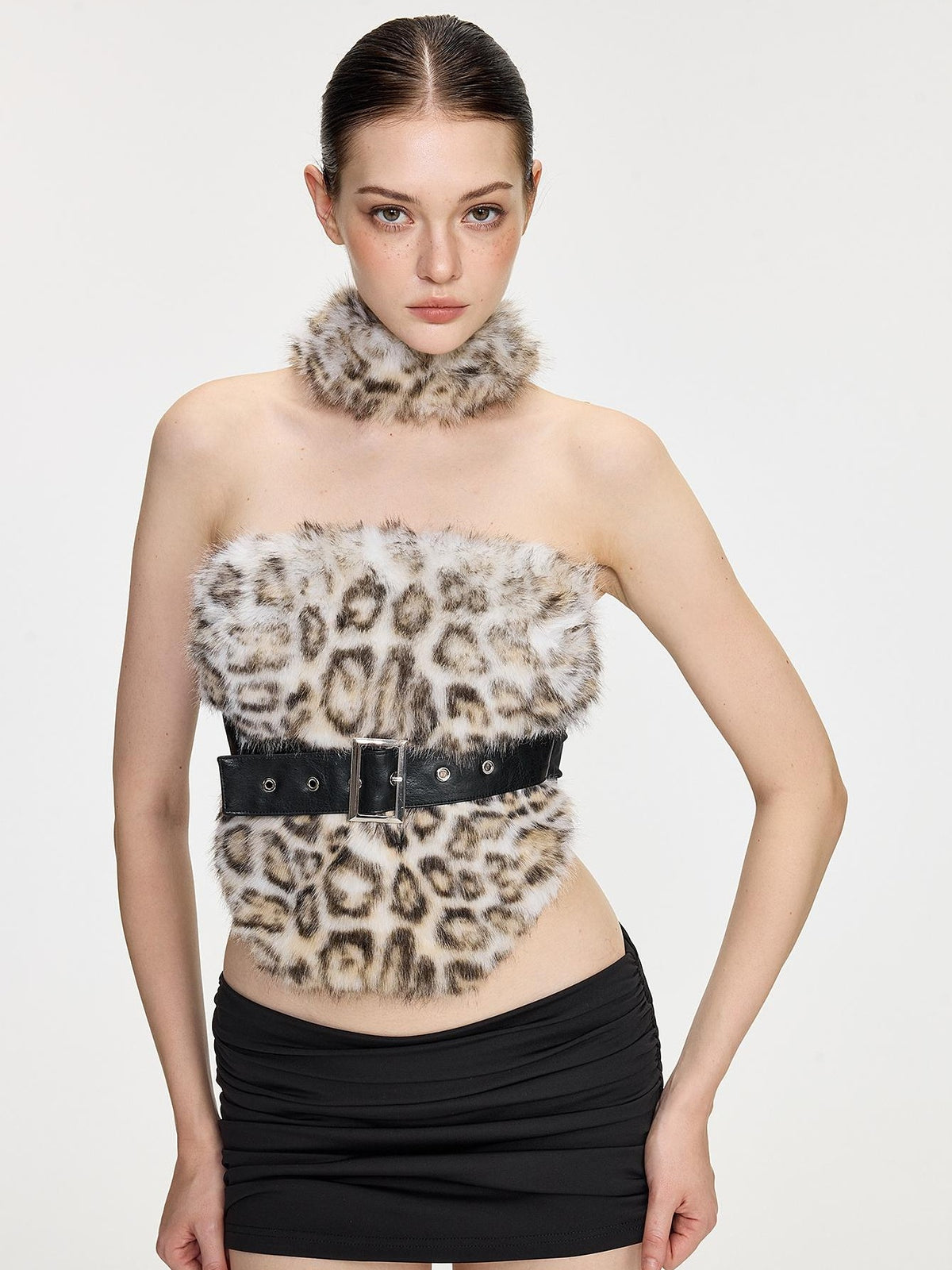 AE30 Saint Leopard Print Green Fuzzy Spliced Belted Slim Fit High Neck Women&