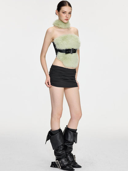 AE30 Saint Leopard Print Green Fuzzy Spliced Belted Slim Fit High Neck Women&